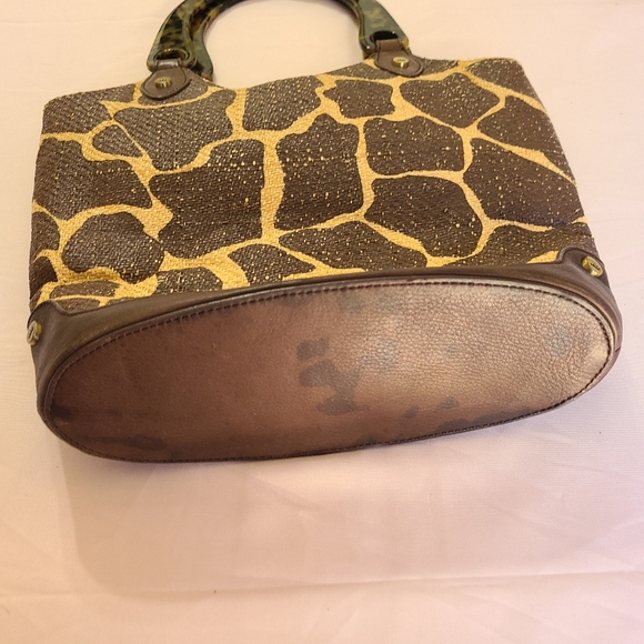Elaine Turner Safari Giraffe Print Raffia Faux Turquoise Double Handled Handbag - Picture 3 of 9